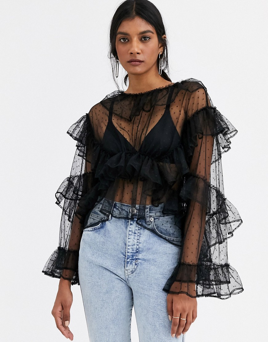 Simonett Favora - Gelaagde mesh blouse met ruches en stippen-Zwart