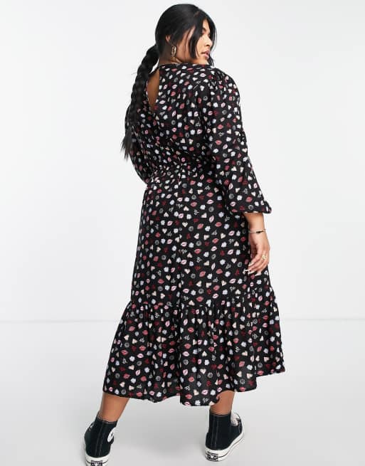 Simply b=Be ruched sleeve tiered midi dress in black floral, 2 of 4