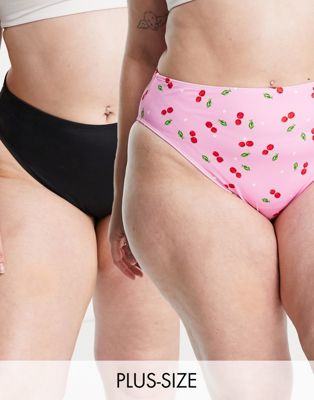 Simply Be 2 pack bikini bottoms in pink cherry print and black
