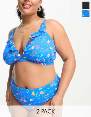 Simply Be Simply Be 2 pack bikini top in black and blue floral-Multi