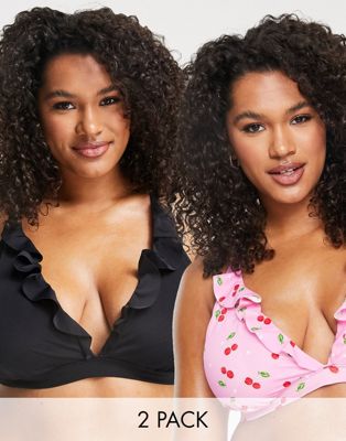 Simply Be 2 pack bikini tops in pink cherry print and black