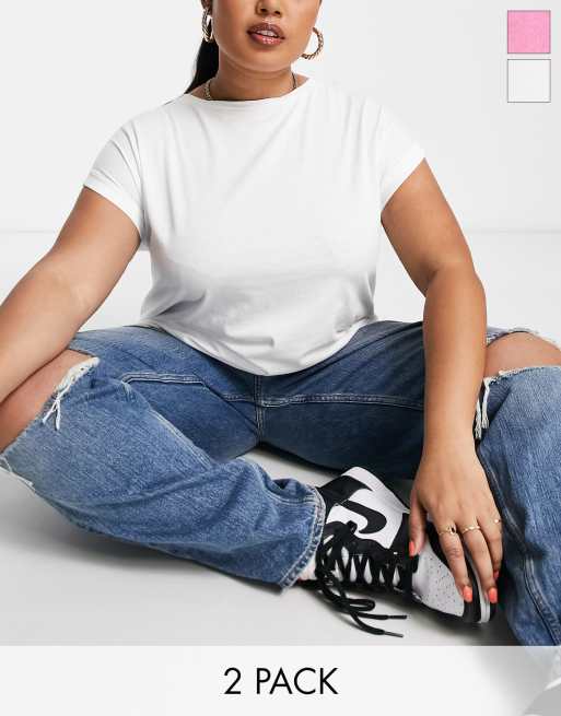 Simply Be 2 pack boyfriend tees in pink and white ASOS