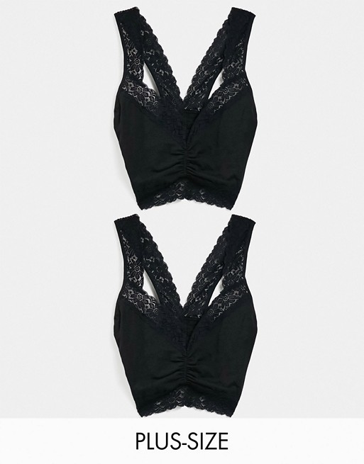 Simply Be 2 pack bralette with lace detail in black