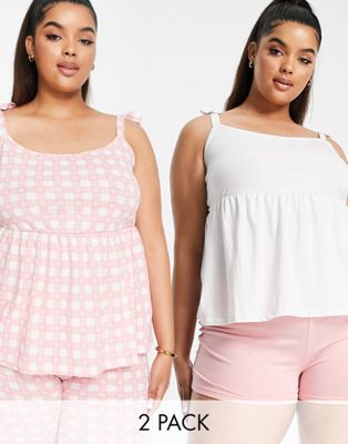Simply Be 2 pack cami top and trouser pyjama set in pink and white check