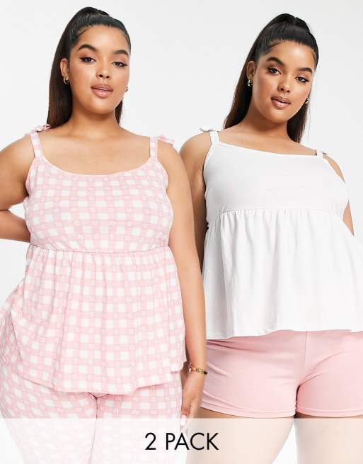 Simply Be 2 pack cami top and trouser pyjama set in pink and white check