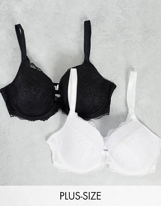 Simply Be 2 pack Ella lace padded plunge bras in black and white