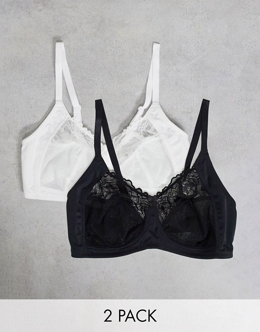 Simply Be 2 pack Eva non wired bras with mesh and lace detail in black and white