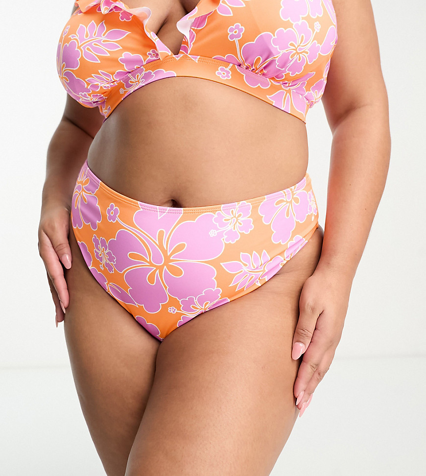 Simply Be 2 pack frill detail bikini bottoms in orange and pink floral-Multi