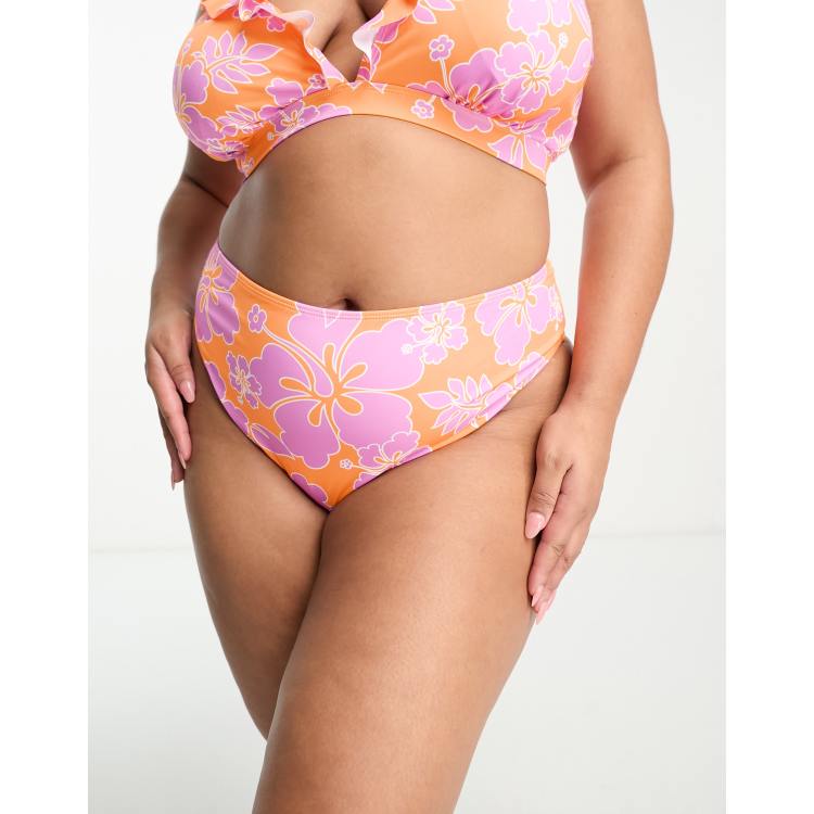 Simply Be 2 pack frill detail bikini bottoms in orange and pink floral