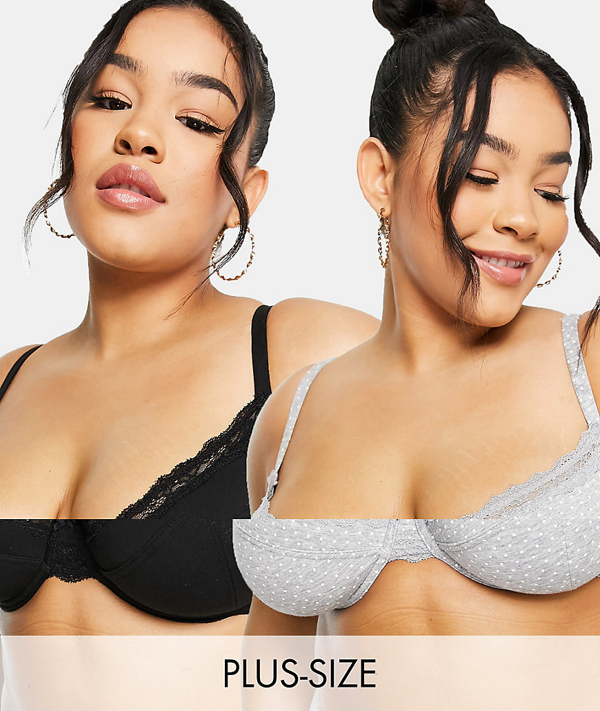 Simply Be 2 pack full cup bra in black and gray polka dot-Multi