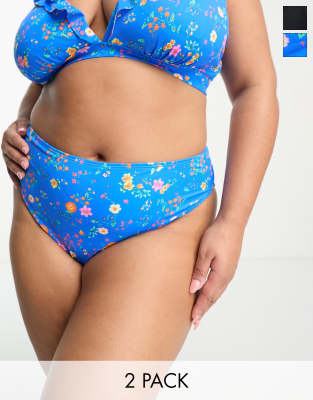 Simply Be Simply Be 2 pack high leg bikini bottoms in black and blue floral-Multi