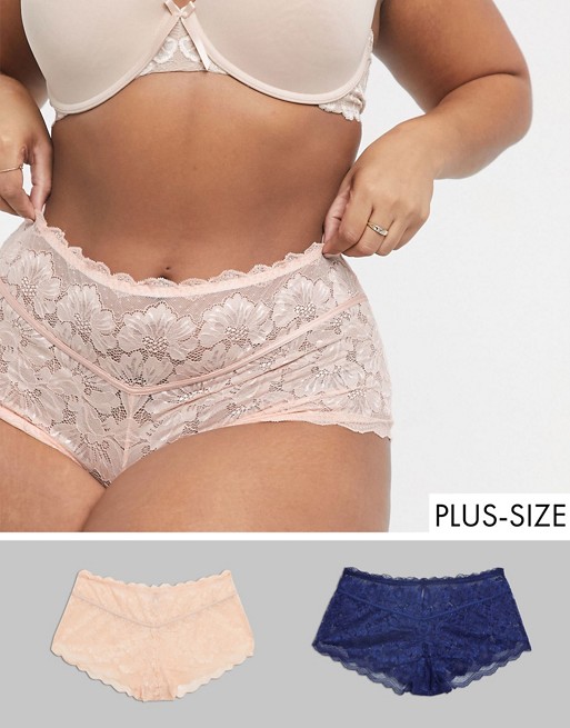Simply Be 2 pack lace midi briefs in blush and navy