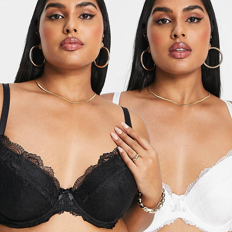 Simply Be 2 pack lace padded plunge bras in black and white