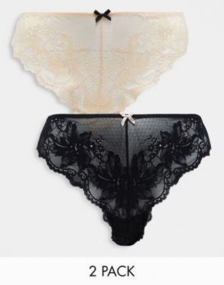 Simply Be 2 pack lace thong in black and cream