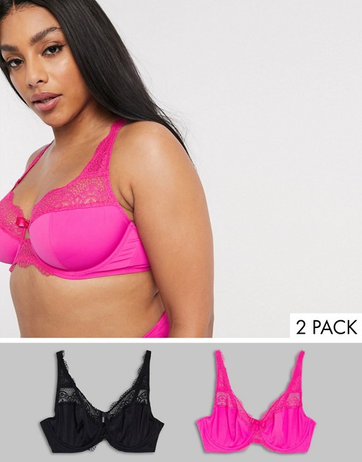 Simply Be 2 pack lottie lace bra in pink and black