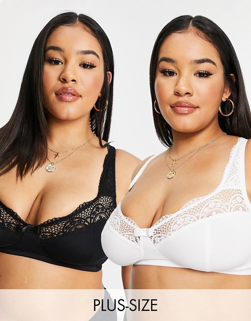 Simply Be 2 pack Lottie lace non wired bra in black and white