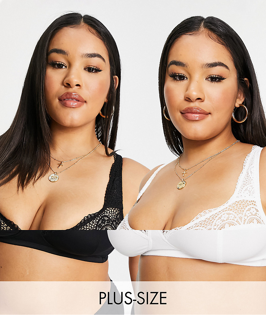 Simply Be 2 pack Lottie lace non wired bra in black and white-Multi