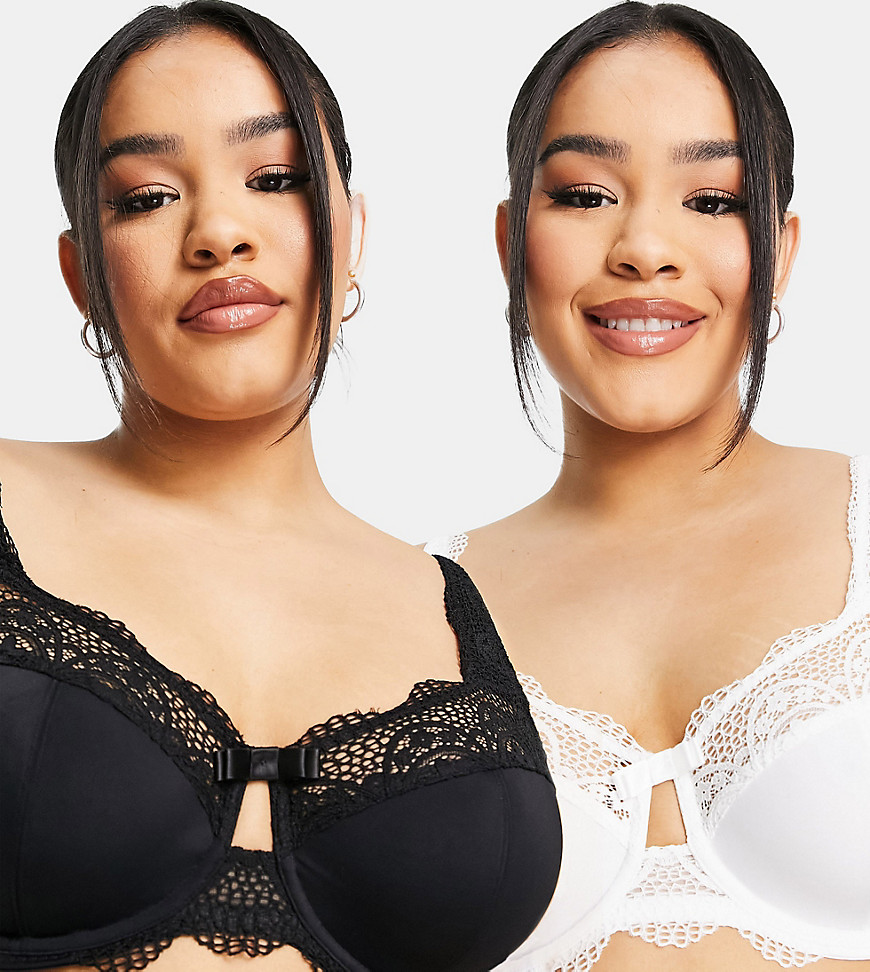 2 pack Lottie lace underwired bra in black and white-Multi
