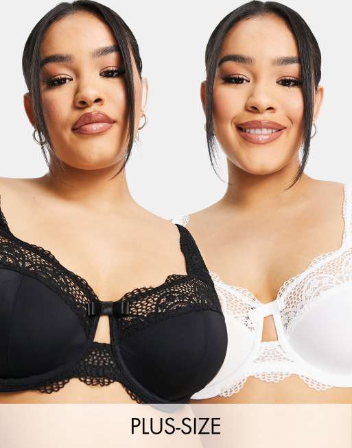 YOURS Plus Size 2 PACK Black & White Non Padded Lace Trim Bras