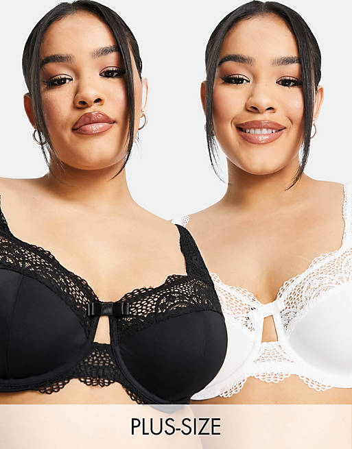 Simply Be 2 pack Lottie lace underwired bra in black and white