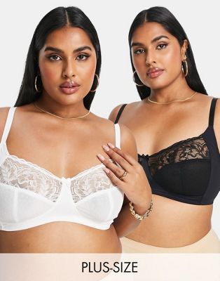 2 pack mesh and lace non wired bras in black and white-Multi
