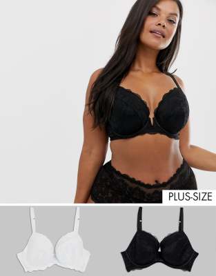 Simply Be 2 pack padded plunge bras in black and white-Multi