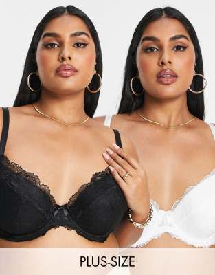 Simply Be - 2er-Pack wattierte Spitzen-BHs in Schwarz und Weiß mit tiefem Ausschnitt-Bunt