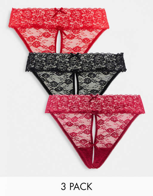 Simply Be 3 pack crotchless thongs in red, black and pink