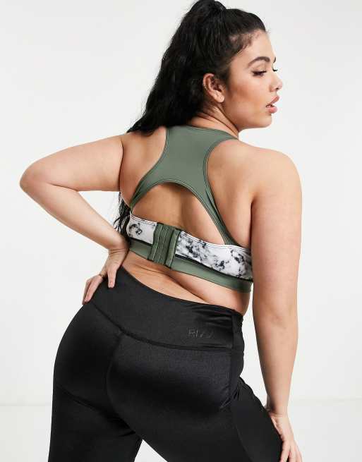 Simply Be Active sports bra in khaki marble print