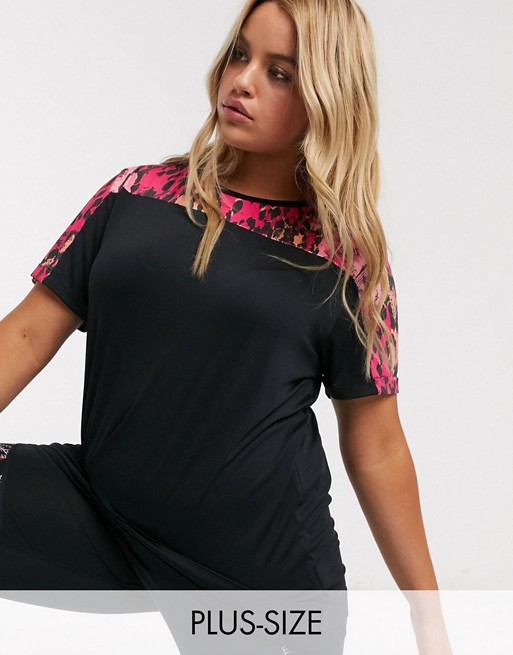 Simply Be activewear t-shirt with leopard print cut and sew
