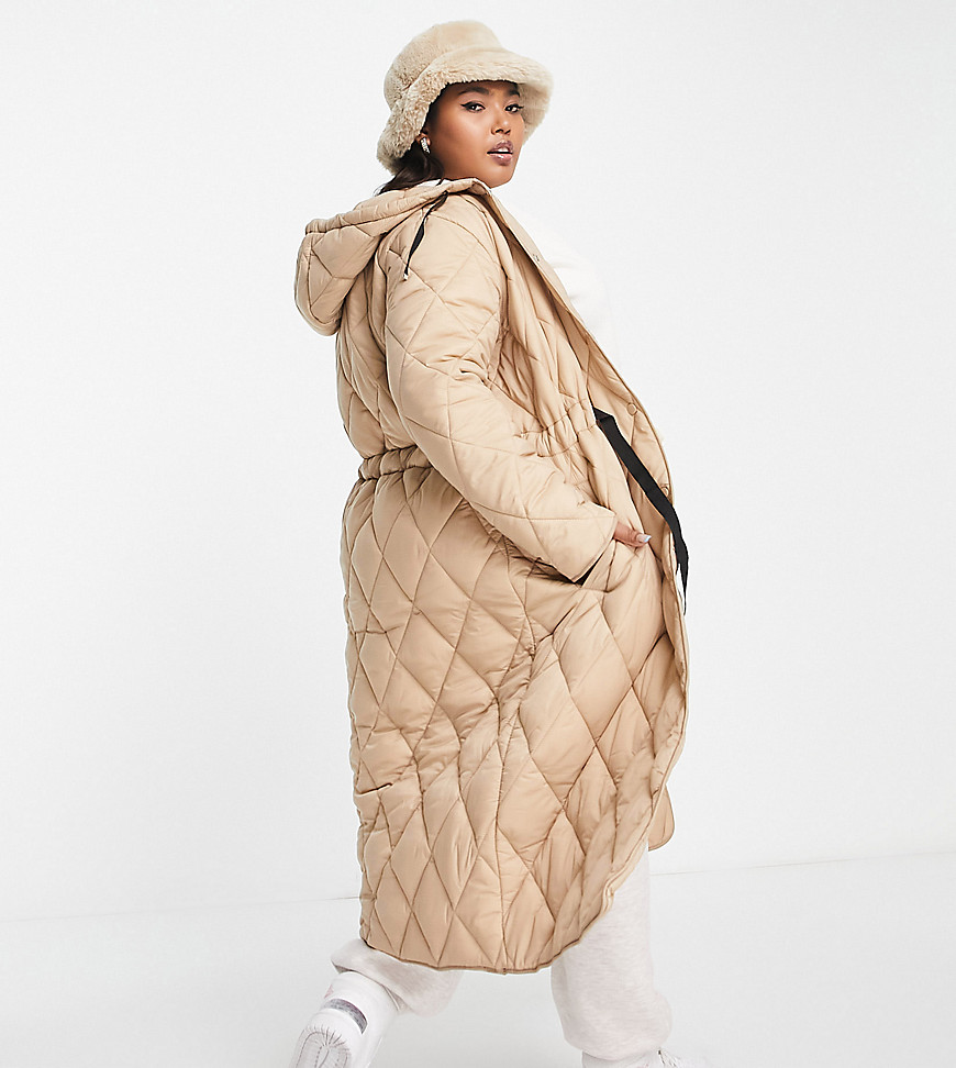 Simply Be adjustable quilted longline coat in camel-Black