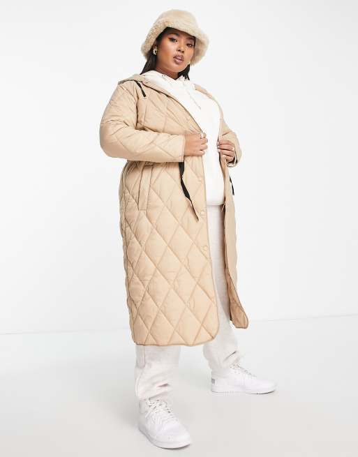 Simply Be adjustable quilted longline coat in camel