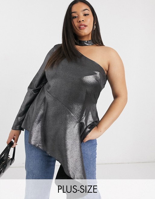 Simply Be asymmetric one shoulder top in silver