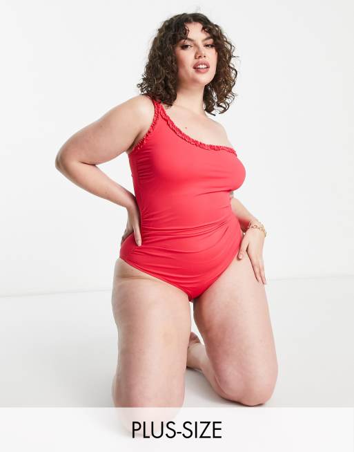 Simply Be - Badpak met blote schouder en ruches in rood