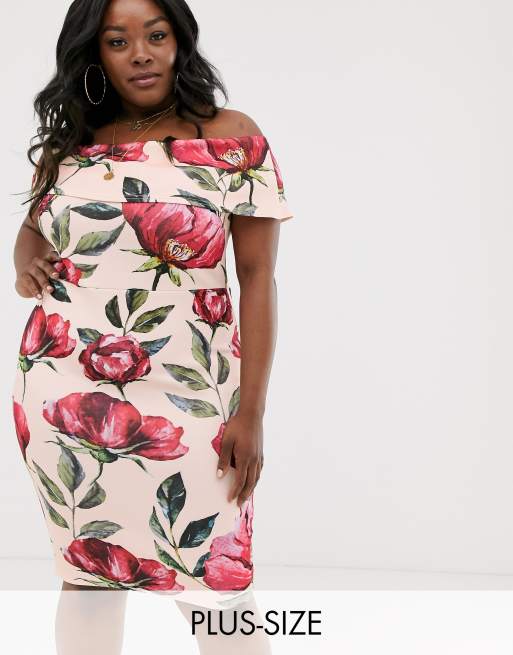 Simply Be bardot tie waist dress in pink floral ASOS