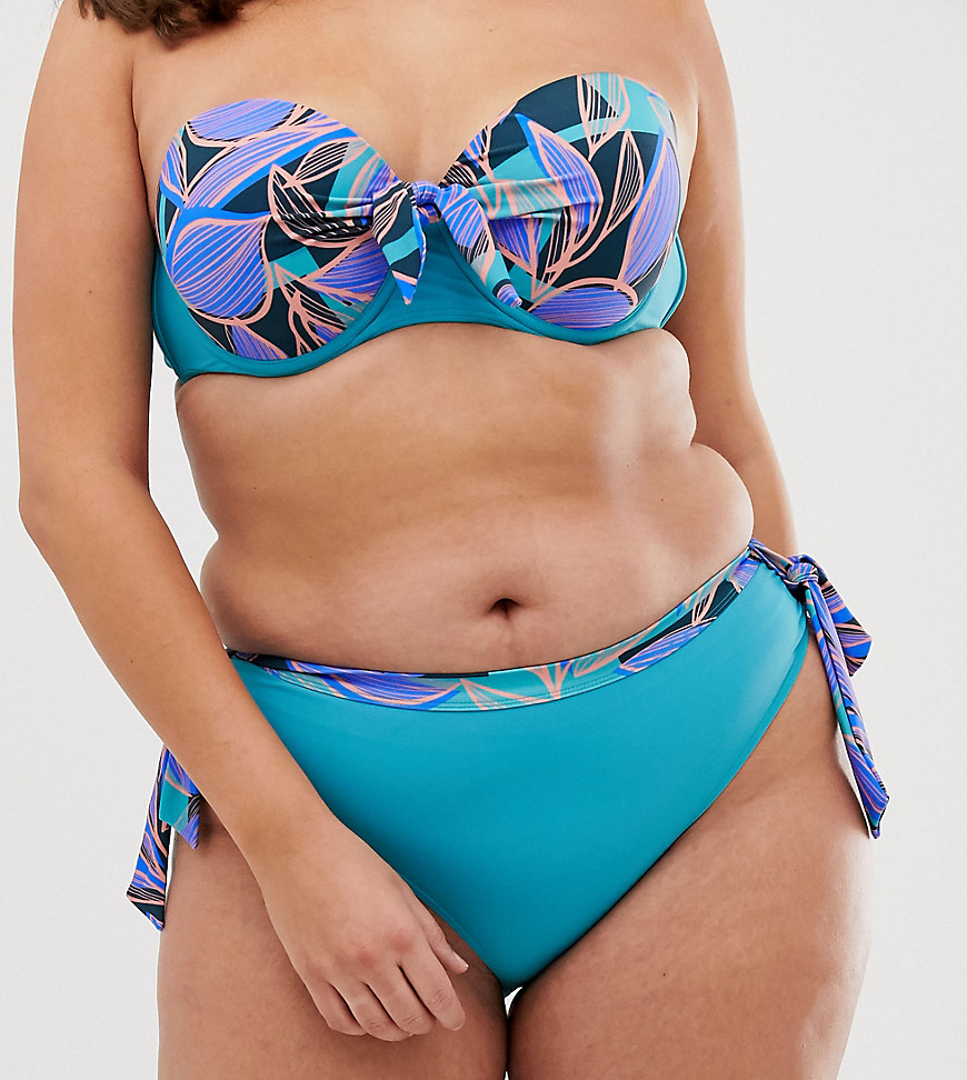 Simply Be bikini bottoms with tie side in blue palm print-Multi
