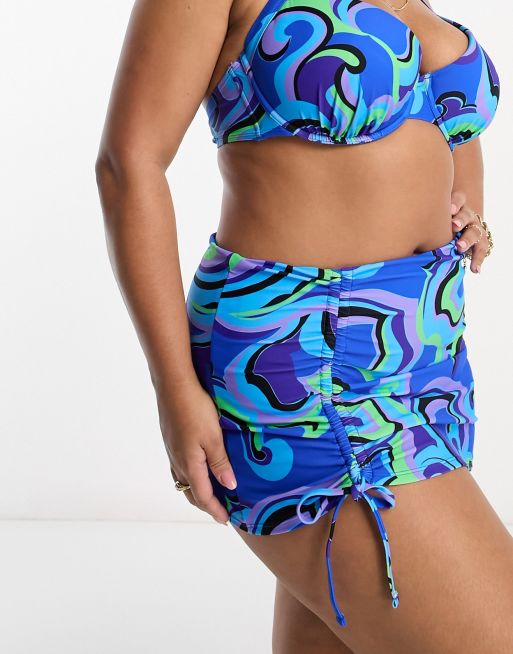 Simply Be underwired plunge bikini top in blue swirl print