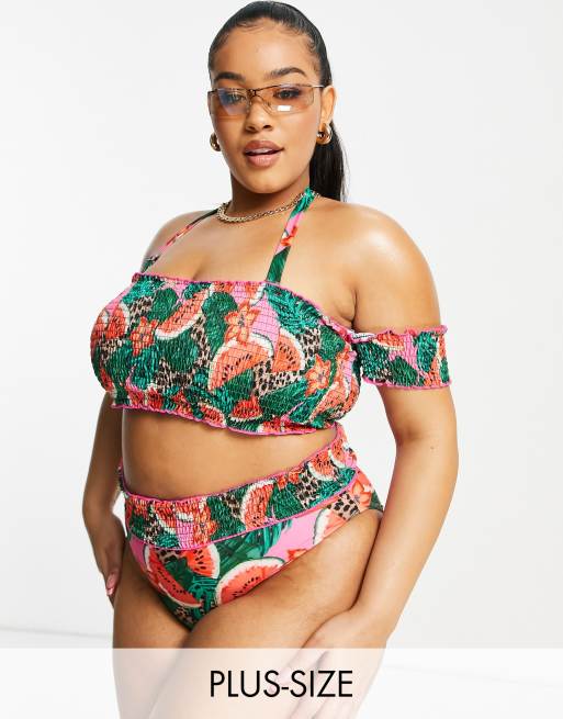 Simply Be – Bikini z dekoltem bandeau, odczepianymi rękawkami i tropikalnym wzorem zwierzęcym