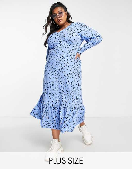 Simply Be – Blå blommig midiklänning i peplum-modell med puffärmar