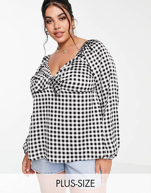 Simply Be blouse with bow front in black gingham