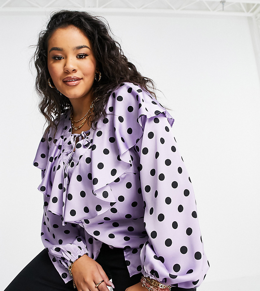 Simply Be blouse with ruffle neck in lilac polka dot-Multi