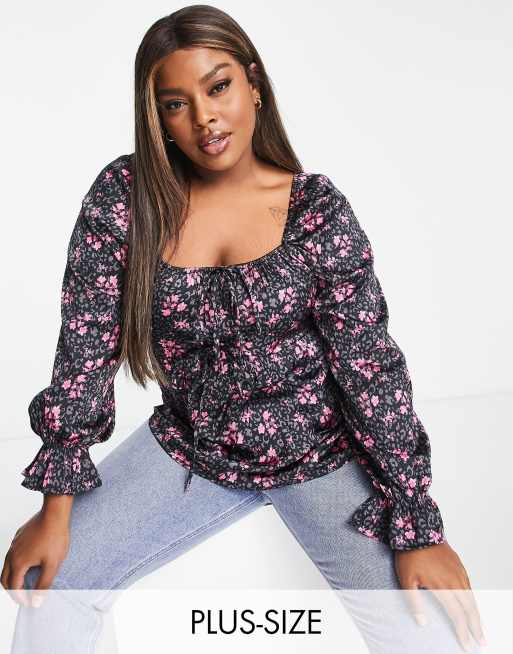 Simply Be - Bluse med firkantet hals i sort med blomstermønster