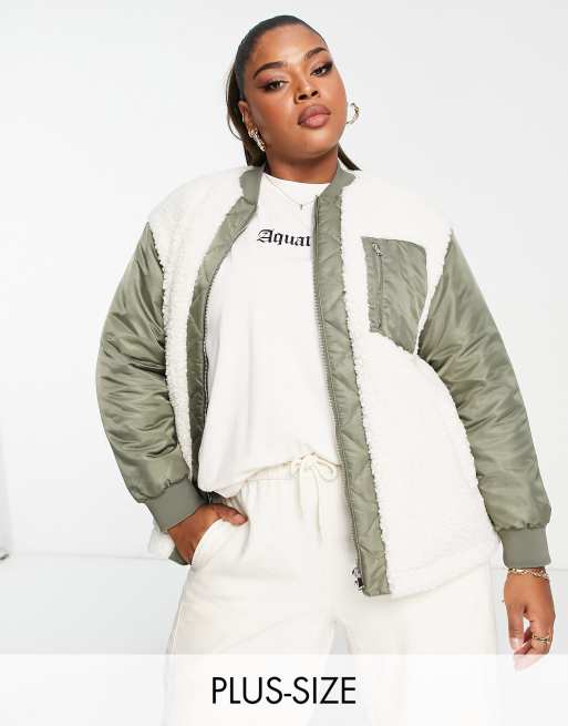 Simply Be borg bomber jacket in cream and khaki ASOS