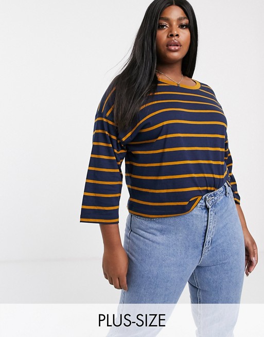 Simply Be boxy t-shirt in navy and mustard stripe