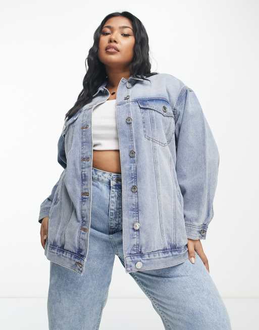 Simply Be boyfriend denim jacket in light blue wash | ASOS