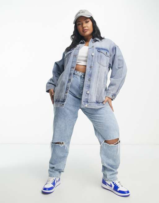 Simply Be boyfriend denim jacket in light blue wash ASOS