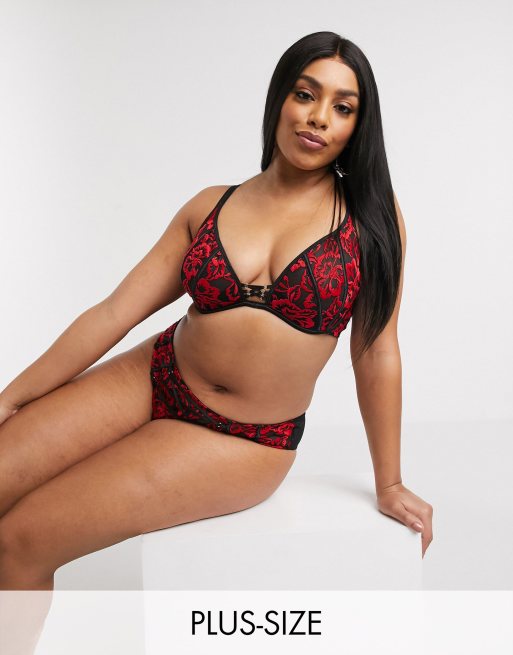 Simply Be - Kanten lingerie- en korsetset in rood, 3 van 4