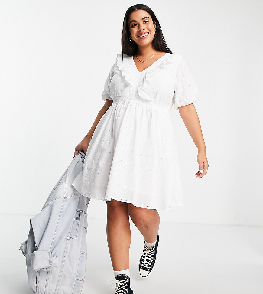 Simply Be broderie skater dress with frill detail in white