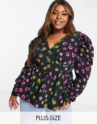 Simply Be Button Through Peplum Blouse In Black Floral