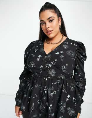 Simply Be Button Up Peplum Blouse In Black Celestial Print